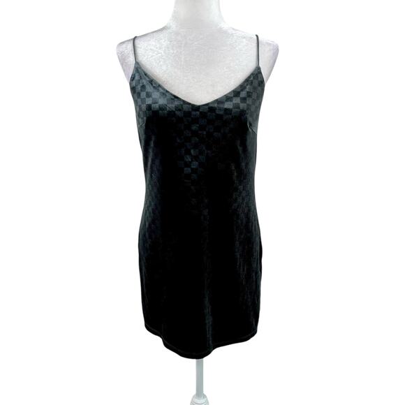 Elodie Dark Gray Pullover Velvet Checkered Spaghetti V-Neck Mini Dress Medium - Picture 1 of 13